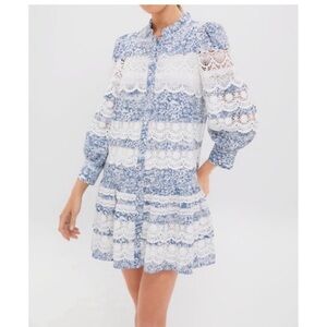 Tuckernuck Hyacinth House Chic Blue and White Lace Long Sleeve Dress M